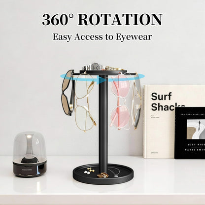 360° Rotating Sunglasses Organizer, Glasses Holder with Organizer Tray | Stainless Steel Eyeglasses Holder with Storage Base for Dresser, Desk Table, Nightstand & Home Decor, Black2