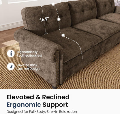Modular Sectional Sofa Set Living Room 3-Piece Extra Deep Seats | Mid-Century Modern 6-Seater Cloud Couch Set, Grayish Brown, Rolled Arms & Nailhead Trim, Wider Seats, Chenille Furniture Set5