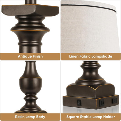 28'' Black Gold Resin Table Lamp Set of 2,Nightstand Lamp with USB Port | Rocker Switch, 2 Bulbs Included, 6W, 2700K Warm Light, Farmhouse Bedside Lamp for Nightstand, Desk, Livingroom, Bedroom Decor6