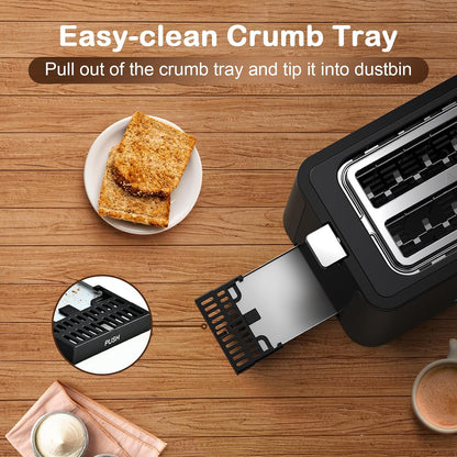 Toaster 2 Slice Stainless Steel Body, Timer, Bagel, Defrost, Reheat, Cancel Functions, Warming Rack, Removable Tray, 6 Browning Settings, Extra Wide Slots, Bread Toaster, 120V 800W Black7