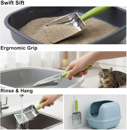 Cat Litter Shovel, Green, 430 Stainless Steel Metal Scooper with 5 Mm Fine Holes, 10.2 X 5.2 X 1.2 In, Non-Slip Pp Handle for Easy Cleaning & Storage5