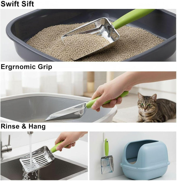 Cat Litter Shovel, Green, 430 Stainless Steel Metal Scooper with 5 Mm Fine Holes, 10.2 X 5.2 X 1.2 In, Non-Slip Pp Handle for Easy Cleaning & Storage5