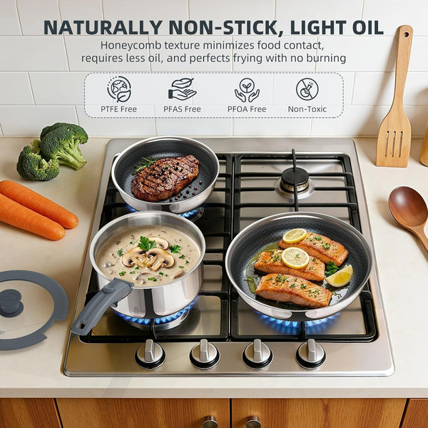 6-Piece Hybrid Stainless Steel Pots and Pans Set Non Stick, Tri-Ply Stainless Steel Cookware Set with Lids and Detachable Handle, PFOA Free Kitchen Skillet for All Cooktops, Dishwasher Safe3