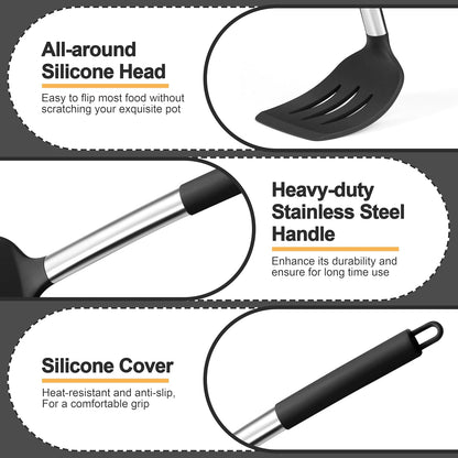 Black Kitchen Cooking Utensil Set of 4, Slicone Head & Steel Body | Silicone Solid Spatulas Slotted Spoons Turners for Non-Stick Cookware Flipping Mixing, Heat-Proof3