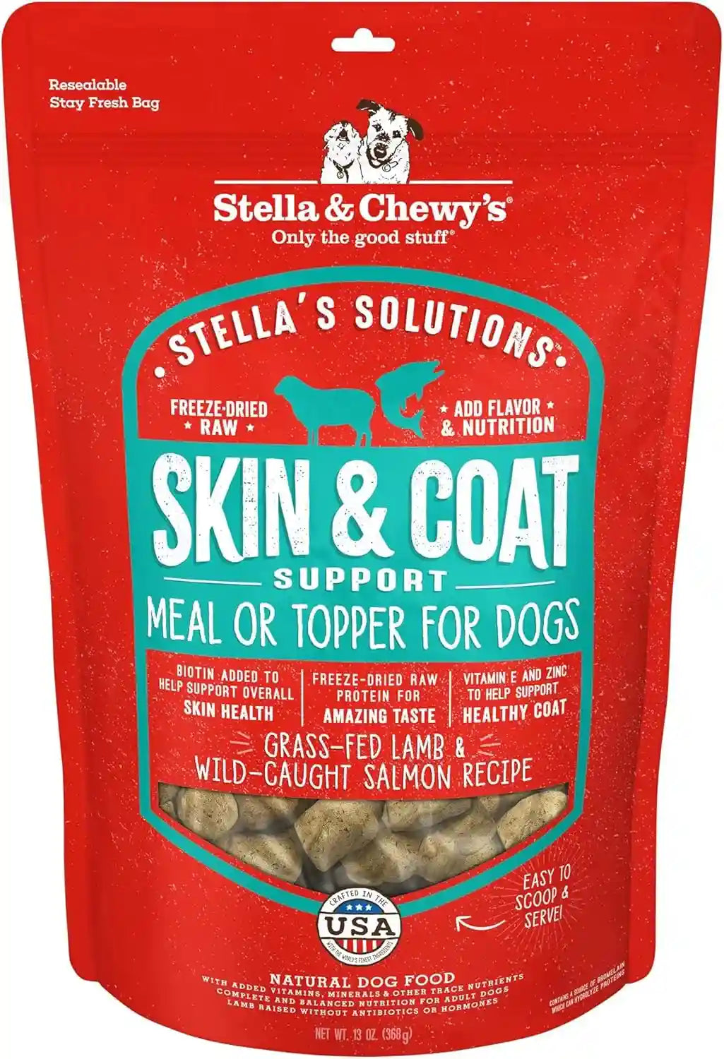 stella-chewys-stella-s-solutions-skin-coat-boost-grass-fed-lamb-wild-caught-salmon-dinner-morsels-freeze-dried-raw-protein-rich-grain-free-dog-food-4-25-oz-bag