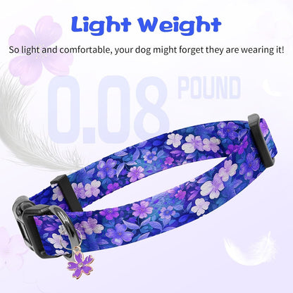 Kazazoo Dog Collar Cute and Soft Nylon Puppy Collar Girl Dogs, Adjustable Purple Dog Collars for Medium Dogs, Purple Flowers-M4