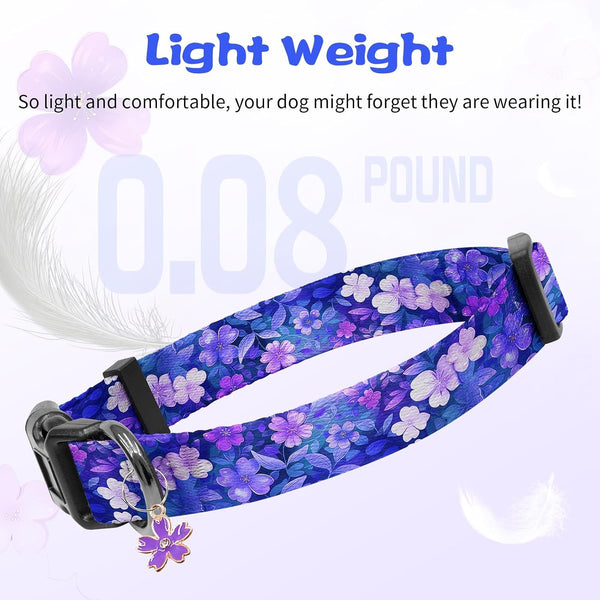 Kazazoo Dog Collar Cute and Soft Nylon Puppy Collar Girl Dogs, Adjustable Purple Dog Collars for Medium Dogs, Purple Flowers-M4