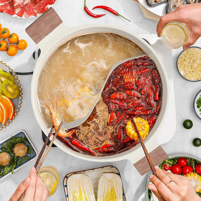 5-QT Hot Pot with Divider, Double-Flavor Shabu Shabu Pot, Divided Pot | Nonstick Granite Pot, 12"Divided Stockpot, Compatible with Induction Cooktop, Gas/Ceramic/Electric Stove, Soup Ladle Included5