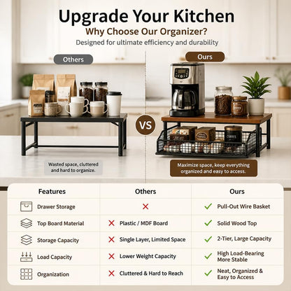 Kitchen Countertop Organizer with Drawers,Microwave Oven Rack，Teak | Microwave Storage Rack with Pull-Out Drawer Basket,Space-Saving Counter Shelf Rack for Kitchen,No Installation Required4