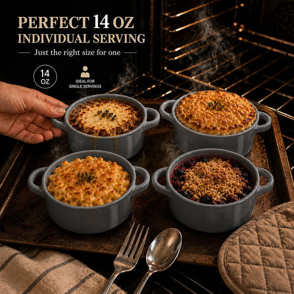 Mini Dutch Oven Set of 4, 14 Oz Ceramic Mini Dutch Ovens with Lids and Handles, Ramekins with Lids for French Onion Soup, Pot Pies, Soufflés and Baked Desserts, Oven Microwave Dishwasher Safe, Mini Cocotte, Grey6