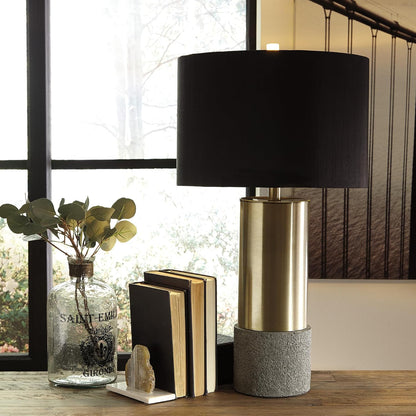 Signature Design by Ashley Jacek Contemporary Table Lamp Set of 2 | Textured Faux Concrete and Brass-Finished Metal, Black Drum Shade with Goldtone Foil Interior, Living Room and Bedside Use10