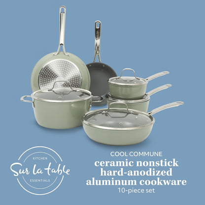 Sur La Table Kitchen Essentials Cool Commune Hard Anodized 10 Piece PFA Free Ceramic Non Stick Interior Forged Durable Aluminum Pots and Pans Cookware Set - Green - Induction Compatible2