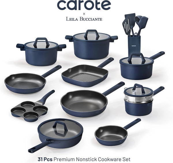 31Pcs Pots and Pans Set, Nonstick Cookware Set | Durable, Easy Food Release, Cooking Set with Silicone Utensils, Even Heating, All-Stovetop Compatible，Blue2