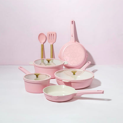 Ceramic Nonstick Pots and Pans, Cookware Set, Cast Aluminum with Dual Layer Non Stick Coating, Made without PFAS PFOA PFOS and PTFE, Dishwasher Safe, 10-Piece, Pink8