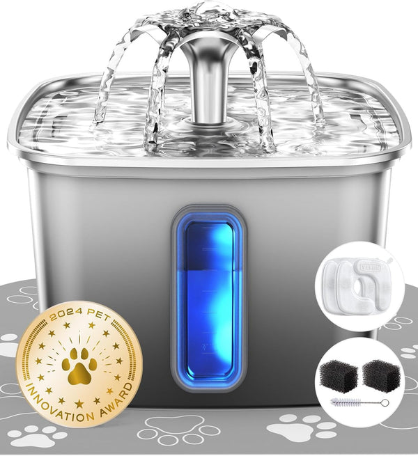 Veken Innovation Award Winner Stainless Steel Cat Water Fountain, 108Oz | Automatic Pet Fountain Dog Water Dispenser with 3 Replacement Filters & Silicone Mat, Gifts for Cats, Dogs (Silver)11