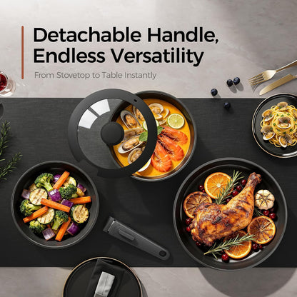 5PCS Pots and Pans Set Non Stick, Diamond-Titanium Ceramic Cookware Set & 3 Layer Stainless Steel with Detachable Handle, Induction Cookware, Non Toxic Oven/Dishwasher Safe, Black5