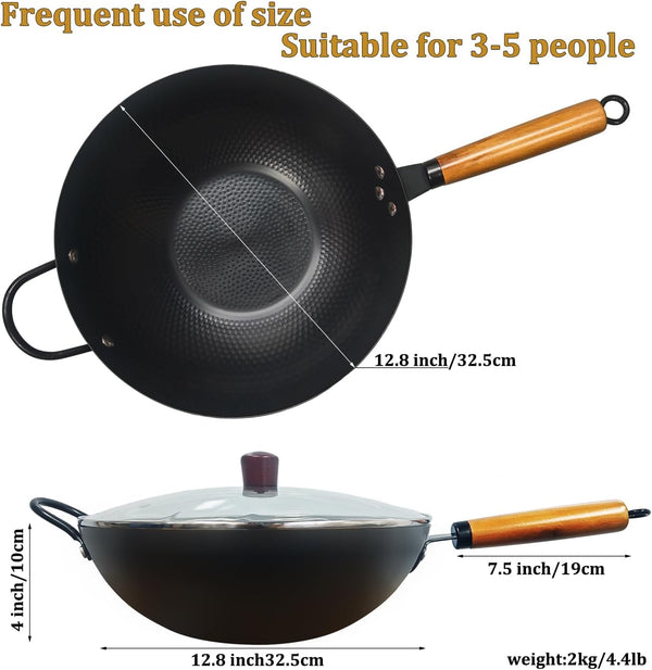 Nonstick Wok,Carbon Steel Wok 12.8-Inch Pan with Glass Lid,Woks & Stir-Fry Pans for Frying Electric,Induction,Gas Stoves Cooking5