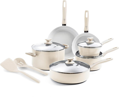 Dover Healthy Ceramic Nonstick, 12 Piece Cookware Pots and Pans Set, Pfas-Free, Dishwasher Safe, Comfort Grip Handle, Cream White1