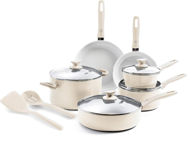Dover Healthy Ceramic Nonstick, 12 Piece Cookware Pots and Pans Set, Pfas-Free, Dishwasher Safe, Comfort Grip Handle, Cream White1