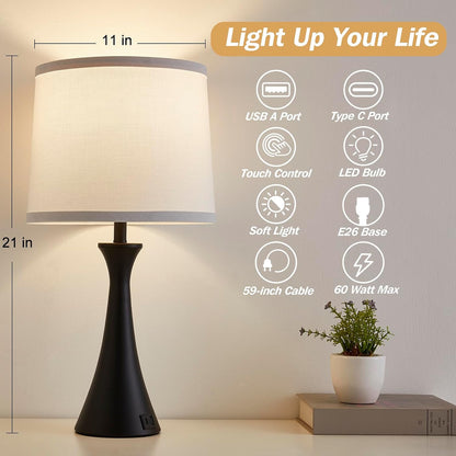 Touch Table Lamps Set of 2, 21" Bedside Lamps with USB C+A | 3 Way Dimmable Nightstand Lamps with Linen Shades, 2 LED Bulbs Included, Touch Lamp for Living Room, Bedroom and End Tables2