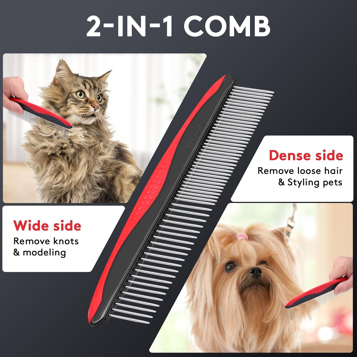 tpotato-deshedding-dog-brush-for-long-haired-dogs-cats-undercoat-shedding-rake-for-dematting-detangling-tangles-matted-fur-and-knots-metal-pet-comb-professional-pet-grooming-supplies-tool-kit-red