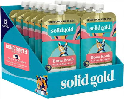 Solid Gold Bone Broth Cat Food Topper - Limited Ingredient Lickable Cat Broth Pouches W/Salmon Protein Shreds & Collagen for Hydration & Gut Support - Easy to Serve Gravy for Cats Meal Topper - 12Ct1