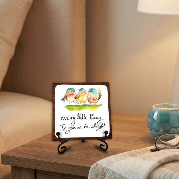 4" Bird Decor - Every Little Thing Is Gonna Be Alright - Spring Decor Watercolor Adorable Birds, Positive Quotes Wooden Plaque Desk Decor, Uplifting Gifts, Spring Decor for Home Decorations - A207