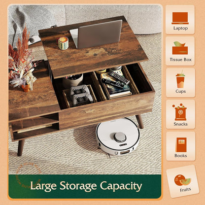 Lift Top Coffee Table with Hidden Storage, Adjustable Shelf, Brown | Mid Century Modern Wooden Coffee Table, for Dining/Living Rooms/Offices; 39.4"W X 19.7"D X 16.9"H5