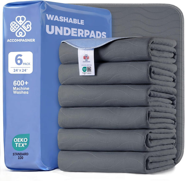 Accompagner Incontinence Bed Pads Washable Waterproof, Ultra-Absorbent Reusable Underpads for Diaper Changing, Nursing, Bedridden, Adults, Seniors, Kids and Dogs (Blue, 24"X24"(Pack of 6))35