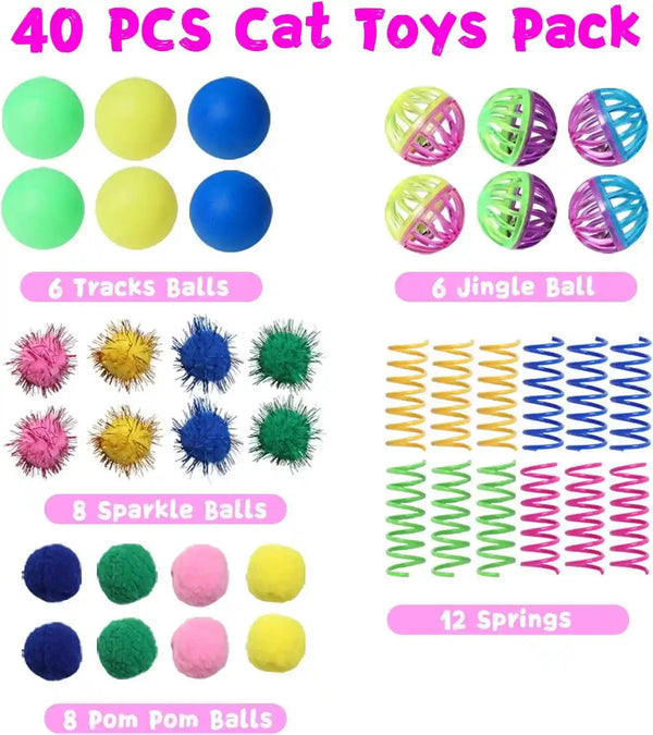 Cat Toys for Indoor Cats 40 PCS Kitten Toys | Cat Interactive Toys Pack Including Cats Springs Sparkle Ball Pom Pom Ball Jingle Balls Tracks Balls2