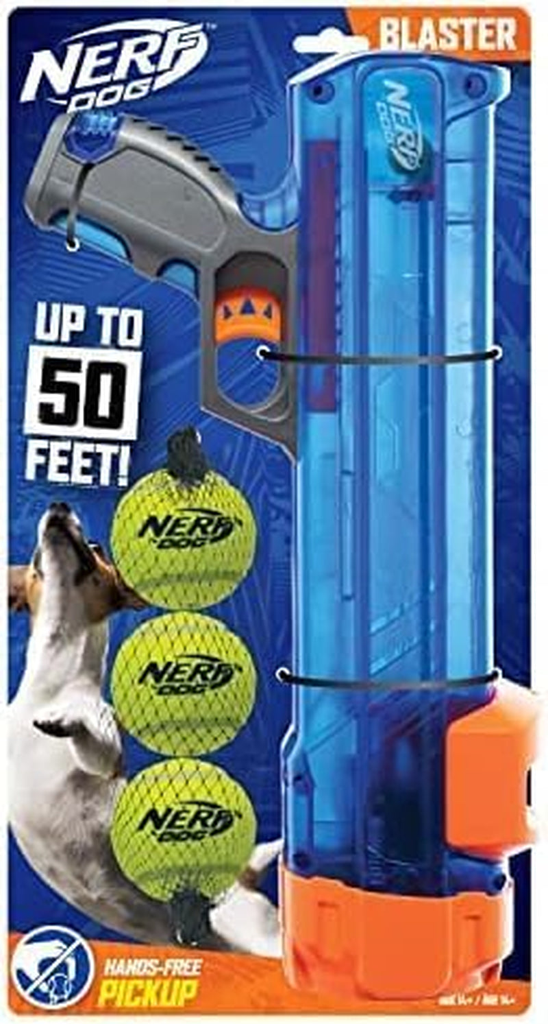 nerf-dog-tennis-ball-blaster-dog-toy-gift-set-tennis-ball-dog-fetch-toy-launches-up-to-50-ft-dog-ball-thrower-for-all-breeds-includes-translucent-blue-tennis-ball-launcher-and-3-dog-tennis-balls