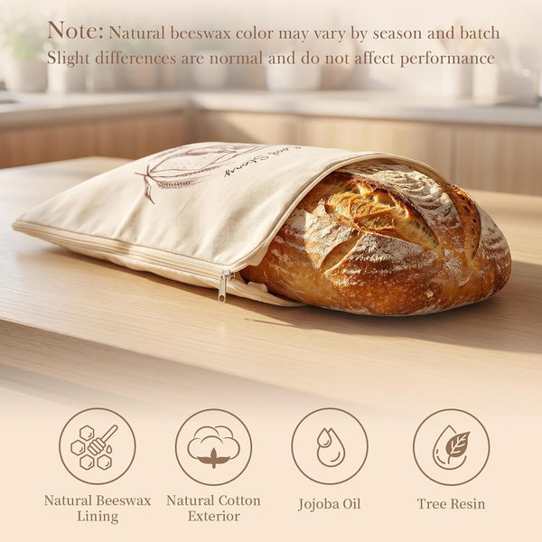 Beeswax Sourdough Bread Bags with Wide Zipper Access, 2 Pack XL 13" X 17" Reusable Linen Cotton Bread Bags for Homemade Bread, Helps Maintain Crust & Freshness (Double-Sided Print Design)3
