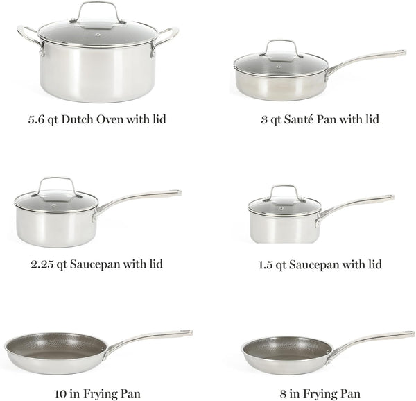Badgley Hybrid Nonstick 10 Piece Triply Stainless Steel Pots and Pans Non-Toxic Kitchen Cookware Set - Laser Etched Perfect Sear Nonstick W/Stay Cool Handle Dishwasher & Induction Safe2