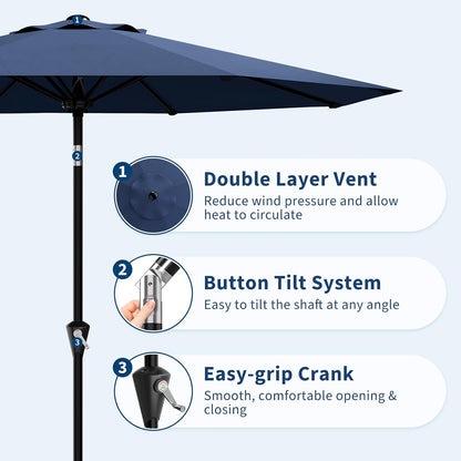 9FT Umbrella Outdoor Patio, Table Umbrella with Push Button Tilt and Crank, 8 Sturdy Ribs Waterproof UV Protection for Garden, Pool, Backyard, Market | Table Umbrella Waterproof UV Protection for Garden, Pool, Deck, Backyard, Market (Navy)3