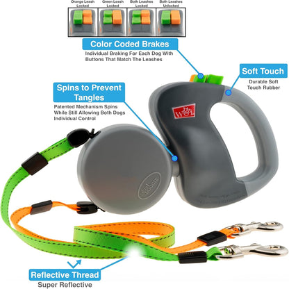 WIGZI (2) Two Dog Reflective Retractable Pet Leash – 360 Degree Zero Tangle Patent - Two Dogs Each up to 50 Lbs and 10Ft. Reflective Orange and Green Leads. Dual Locking2