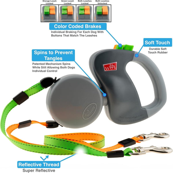 WIGZI (2) Two Dog Reflective Retractable Pet Leash – 360 Degree Zero Tangle Patent - Two Dogs Each up to 50 Lbs and 10Ft. Reflective Orange and Green Leads. Dual Locking2