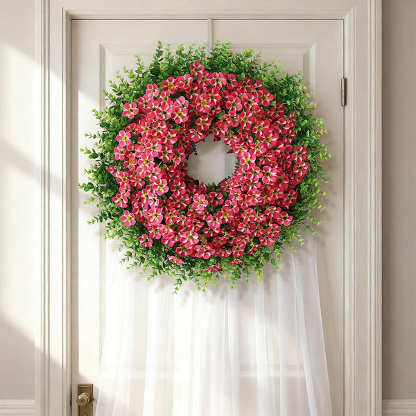26" Artificial Eucalyptus with Flowers Wreath for Front Door (Rose Red) | Large Faux Eucalyptus & Morning Glory Flowers Wreath,Silk Flowers,For Home Front Porch Farmhouse Spring Summer Outdoor Decor7