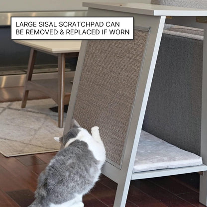 THE REFINED FELINE A-Frame Cat Bed Cave in Black Espresso with Ventilated Base, Multipurpose Wood Cat Furniture Table, Easy to Clean Covered Cat Bed with Replaceable Scratching Post & Washable Cushion3