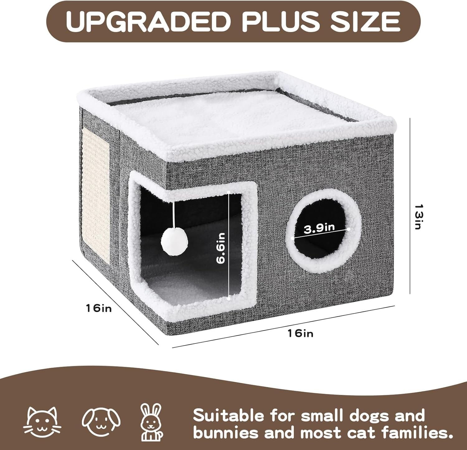 large-cat-houses-for-indoor-cats-with-fluffy-ball-and-scratch-pad-foldable-cat-bed-cave-for-multiple-pets-kitten-bed-for-all-seasons-non-slip-hold-up-to-30lbs-16x16x13inch-grey