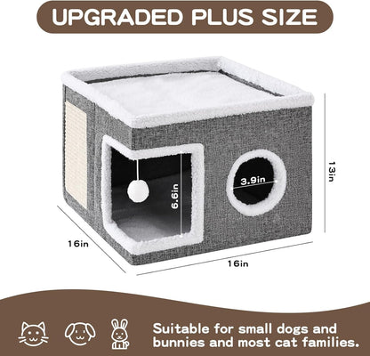 Large Cat Houses for Indoor Cats with Fluffy Ball and Scratch Pad | Foldable Cat Bed Cave for Multiple Pets, Kitten Bed for All Seasons, Non-Slip, Hold up to 30LBS, 16X16X13Inch, Grey5
