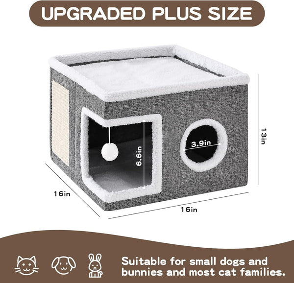 Large Cat Houses for Indoor Cats with Fluffy Ball and Scratch Pad | Foldable Cat Bed Cave for Multiple Pets, Kitten Bed for All Seasons, Non-Slip, Hold up to 30LBS, 16X16X13Inch, Grey5