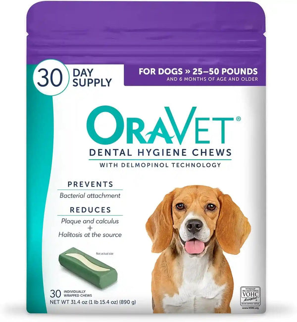 ORAVET Dental Chews for Dogs, Oral Care and Hygiene Chews (Medium Dogs, 25-50 Lbs.) Purple Pouch, 30 Count | Vohc-Accepted Dual-Action Chew Reduces Plaque & Tartar, Freshens Breath Barrier Vet-Recommended Purple Pack1