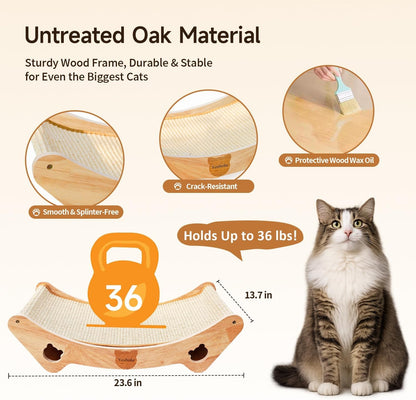 Upgraded Sisal Cat Scratcher Bed, Solid Oak Frame 1.3 Cm Thick, 100% Sisal Pad, Curved Scratch Lounger, Stable Base up to 36 Lb, Sofa Protector, Odor-Free, 23.6" X 13.7"4