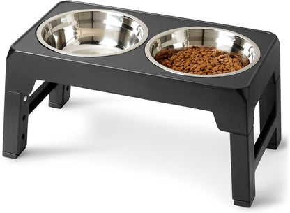 Amazon Basics Elevated Dog Bowls Stand, Height Adjustable Raised Pet Feeder Dish Station with Non-Slip Base, Stainless Steel Bowls, 17.3 X 9.4 X 12 In, Black1