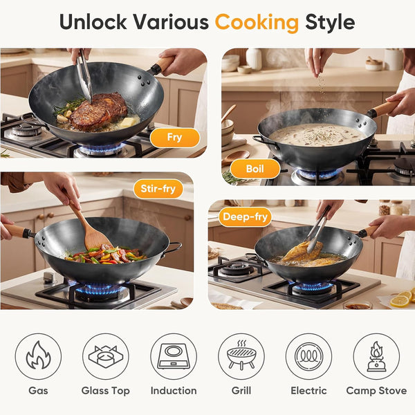 13.5" Carbon Steel Wok Pan, Pre-Seasoned Flat Bottom Wok for Stir Fry, BBQ, Grill & Camping, Compatible with Induction, Electric, Gas and Open Fire, Black5