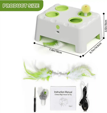 Magic House Interactive Cat Toy with 3 Modes, Rechargeable Whack-A-Mole Feather Toy for Indoor Cats, 4 Holes & 4 Accessories3