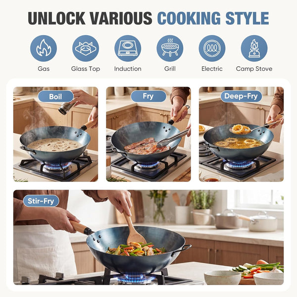 13.5 Inch Carbon Steel Wok Pan, Pre-Seasoned Flat Bottom No Chemical Coating Pow Wok, Compatible with Induction, Electric, Gas and Open Fire, Ideal for Home Cooking and Camping, Blue4