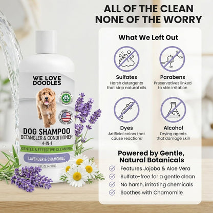 Dog Shampoo, Conditioner & Detangler, Hypoallergenic Tearless Lavender 16OZ | for Sensitive Itchy Skin, Best Shampoo for Smelly Dogs, Goldendoodle, Poodle & Doodle, Puppy Pet Wash Soap, USA Made, 4-In-13