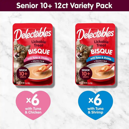 Delectables Lickable Treat Bisque Senior 10+ Wet Cat Treat Variety Pack, Food Topper, Hydrating, Grain-Free, No Fillers, No By-Products, No Added Preservatives, 1.4Oz Pouch, 12Ct6