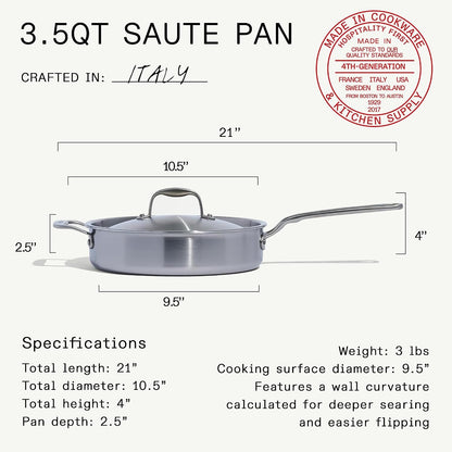 Made in Cookware - 3.5 Quart Stainless Steel Saute Pan - 5 Ply Stainless Clad - Professional Cookware - Induction Compatible - Crafted in Italy3